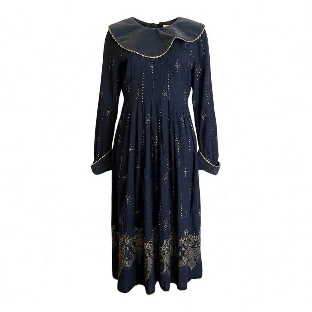 Vintage DAISY KINGDOM Dress Golden Angel Pleated Navy Gold Holiday Ornaments 6